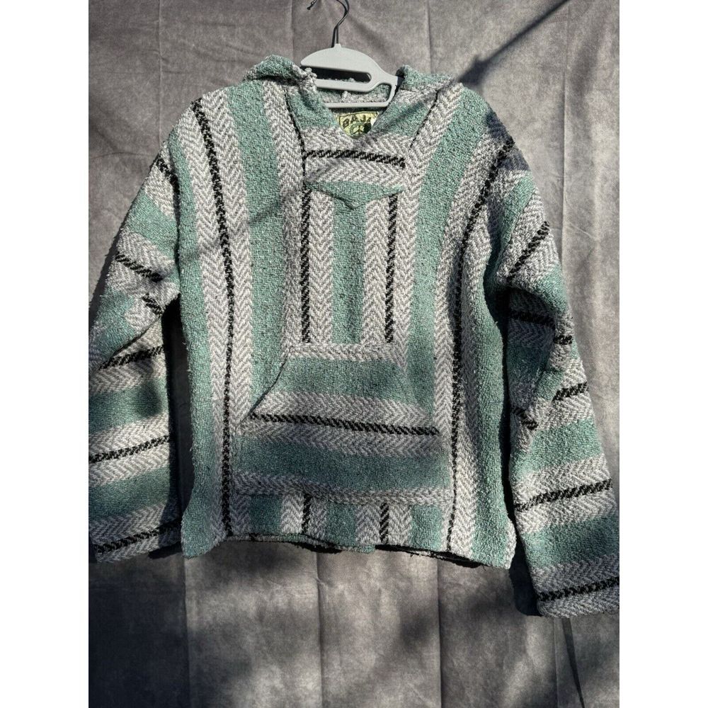VTG Baja Joe Teal White Gray Mexican Blanket Hoodie Size Ron Jon‎ Small EUC